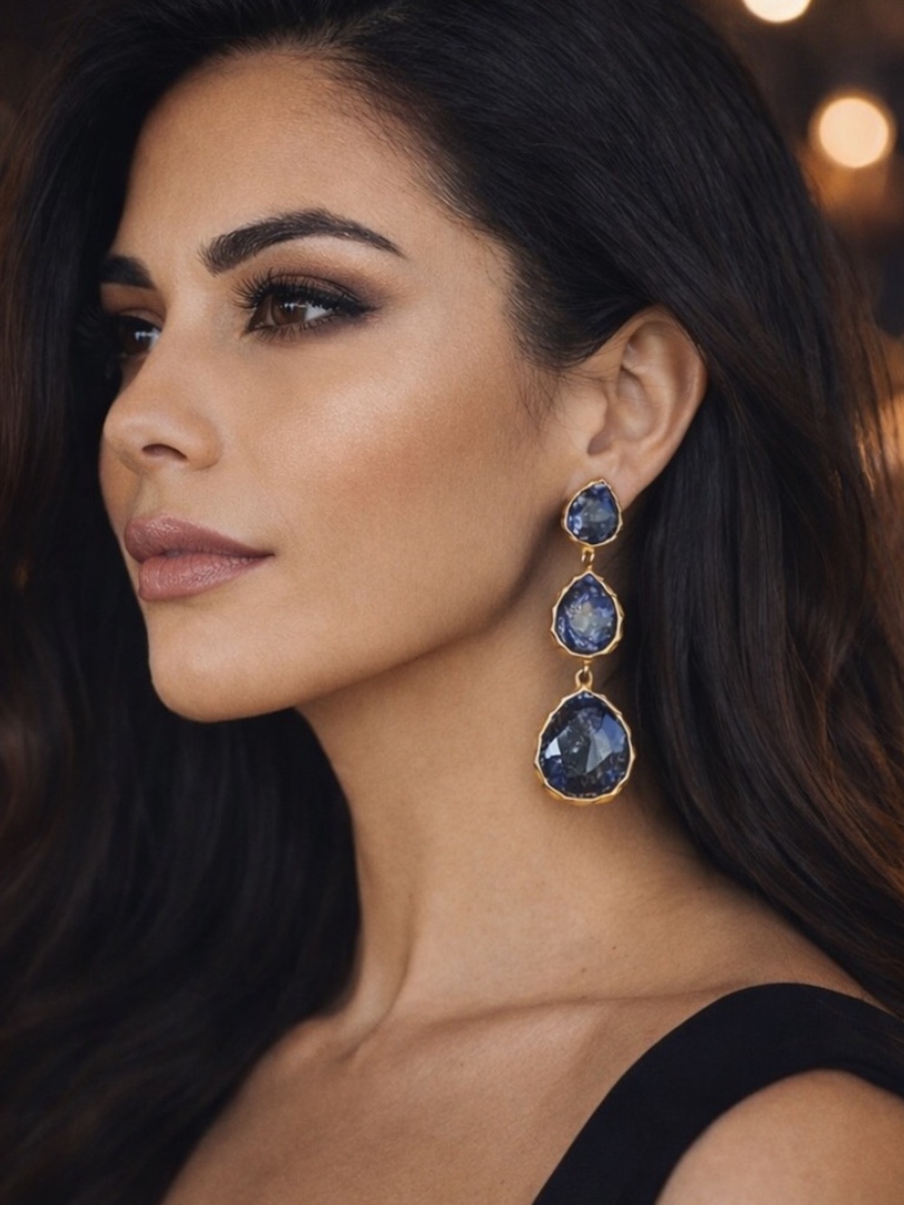 Blue Faceted Teardrop Dangle Earrings | Gold Tone Statement Earrings